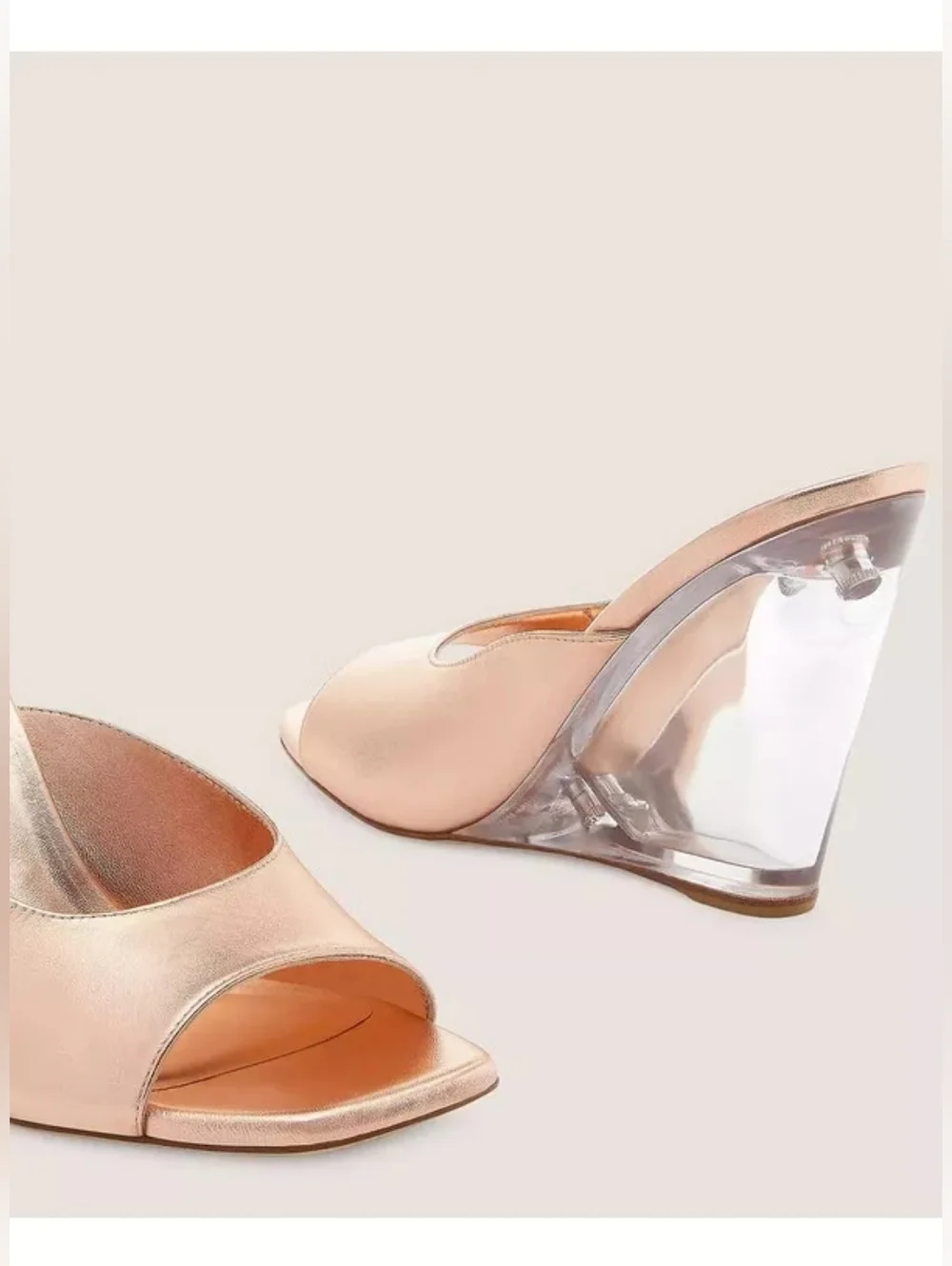 Stuart Weitzman 6.5 TIA 100 LUCITE WEDGE Rose Gold Metallic Leather Sandal - Picture 5 of 5
